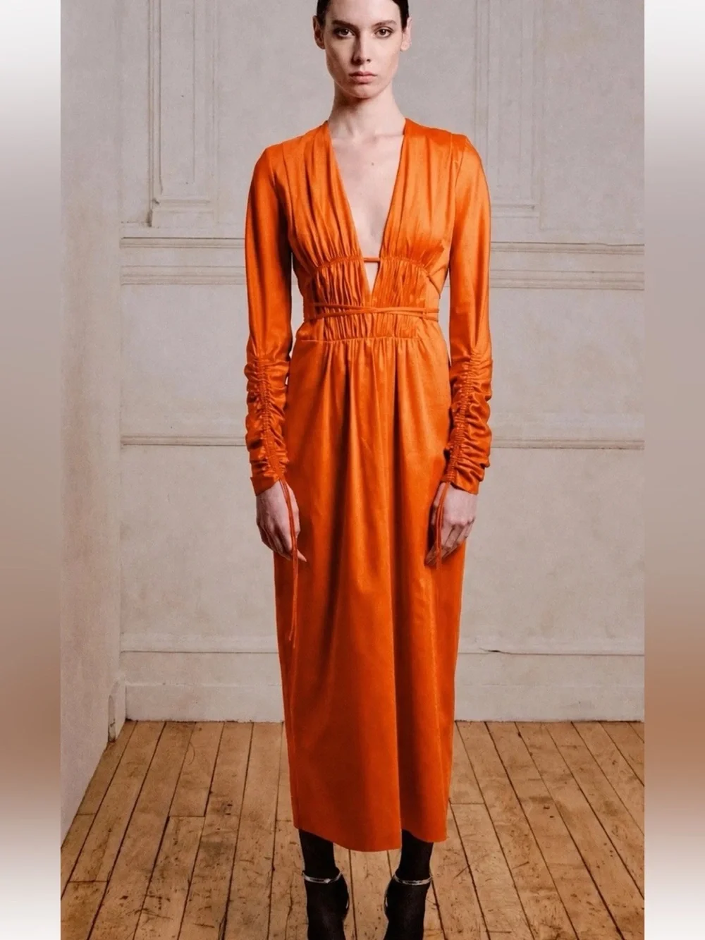 NWT Alejandra Alonso Rojas Orange Midi Satin Silk Dress Nwt Sz 8    E